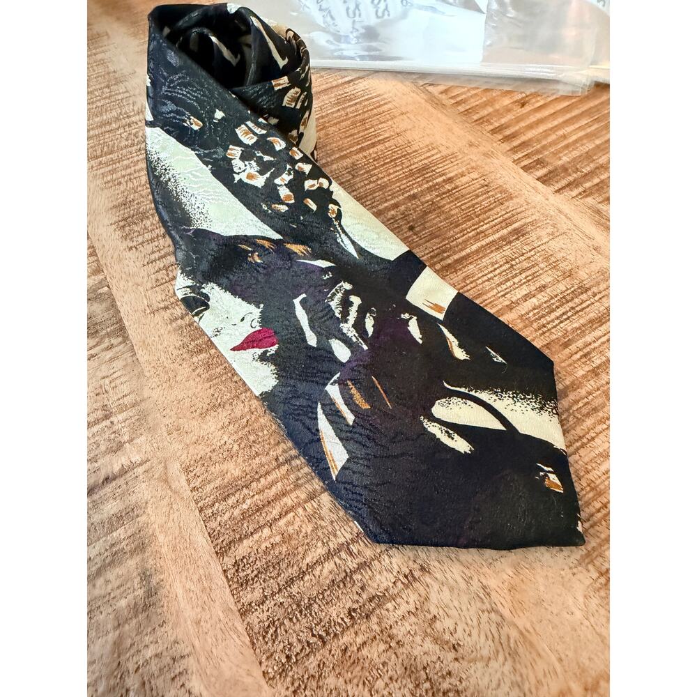 Florenzi‎ Tie Abstract Art Face Necktie Black Cream Red Silk Blend